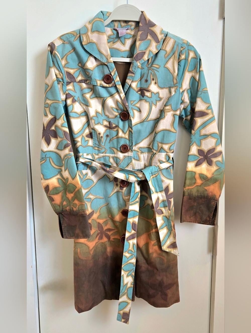 Pura Vida Turquoise Brown Floral Belted Trench Coat